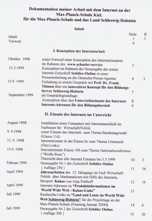 Max-Plank-Schule Kiel, Dokumentation der Internetarbeit