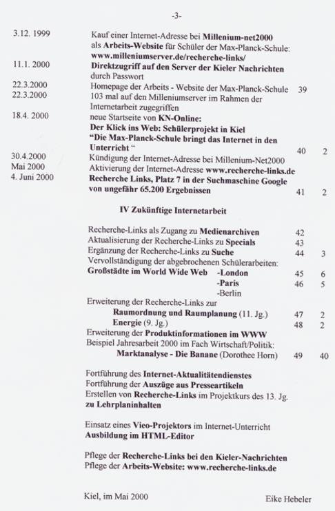 Max-Plank-Schule Kiel, Dokumentation der Internetarbeit